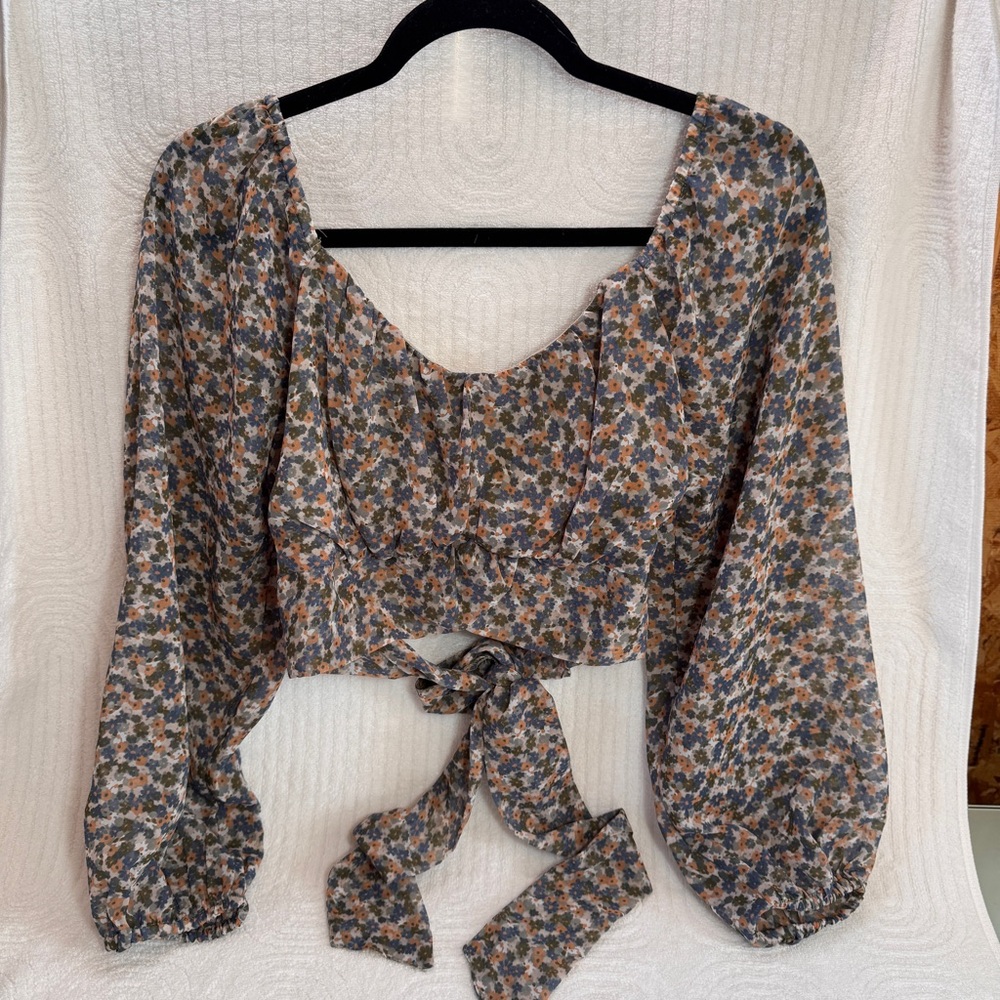 Japna Floral Blouse milkmaid peasant cropped top poet sleeves L large Y2K